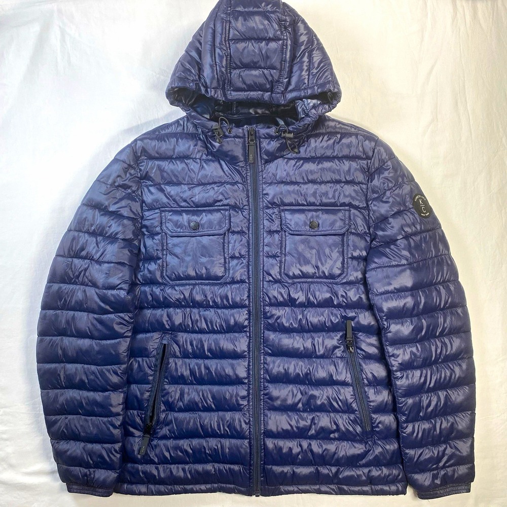 Kenneth Cole Men's Blue Hooded Puffer Jacket Full Zip Pockets Size L